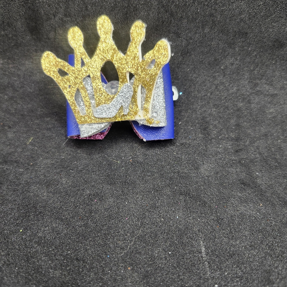 Hand Crafted Blue, Silver and Gold Crown Glitter Hair Bow Barrette Clip